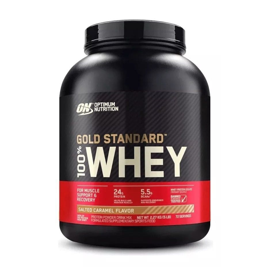 Pote de Whey Protein Gold Standard 100% da Optimum Nutrition, sabor chocolate, embalagem de 2 kg. Suplemento proteico para ganho muscular, disponível na 7Farma.